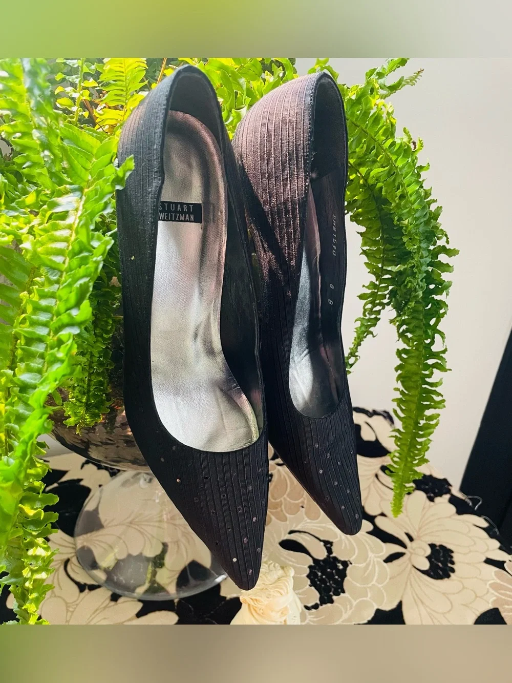 Stuart Weitzman Black Pointed Toe Embellished Kitten Heels